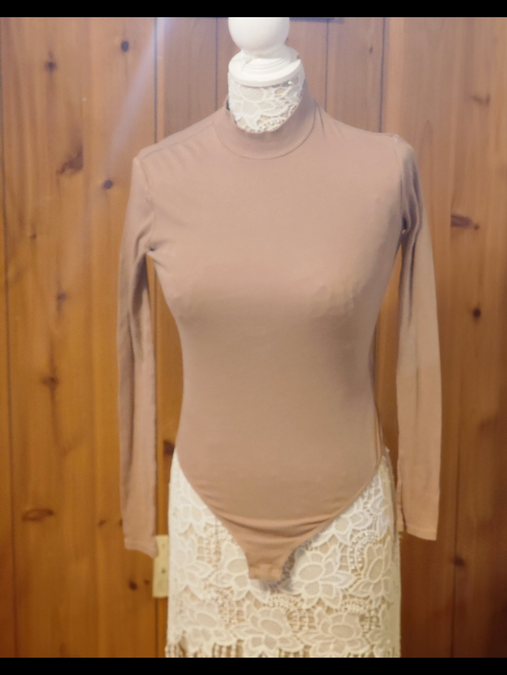 Long Sleeve Mock Neck Bodysuit in Taupe